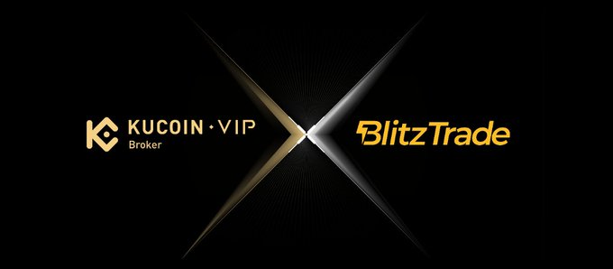 A promotional graphic for 'KUCOIN·VIP Broker' and 'BlitzTrade' separated by a metallic X-shaped design on a black background.