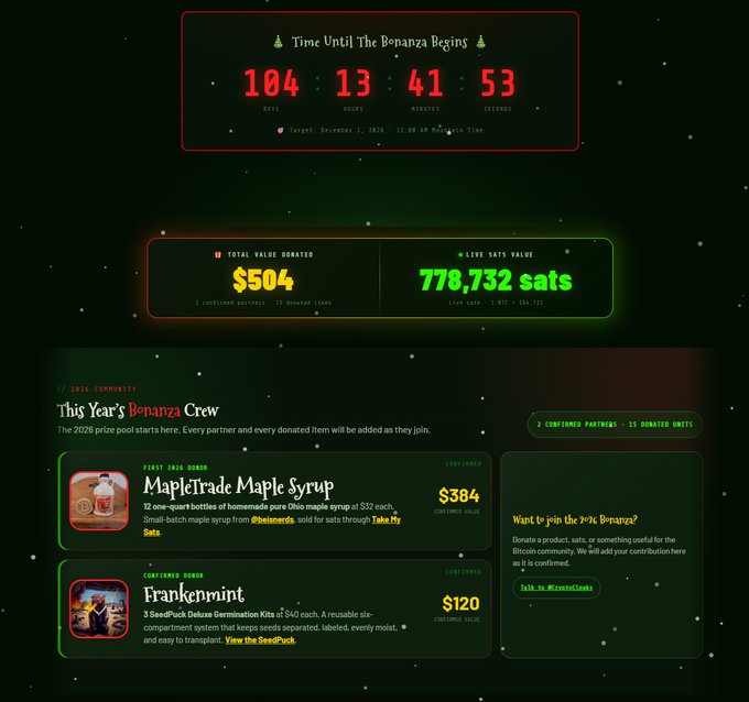 A screenshot of a '2026 Bonanza' fundraising webpage displaying a countdown timer, $504 total donated, 770,732 sats value, and items like MapleTrade Maple Syrup and SeedPunk Deluxe Germination Kits.