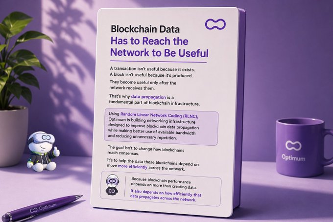 A branded informational card titled "Blockchain Data Has to Reach the Network to Be Useful" explains how data propagation via Random Linear Network Coding (RLNC) improves blockchain efficiency, displayed alongside an Optimism-branded mug, pen, and mascot figurine in a purple-themed setting.