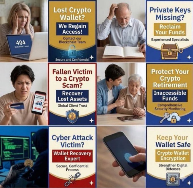 The image is a collage of six cryptocurrency recovery and security advertisements featuring text such as "Lost Crypto Wallet? We Regain Access!", "Private Keys Missing? Reclaim Your Funds", "Fallen Victim to a Crypto Scam?", "Protect Your Crypto Retirement", "Cyber Attack Victim?", and "Keep Your Wallet Safe", alongside images of distressed users and security icons. The collage illustrates the broader pattern of crypto recovery scams, relating to the post by showing how fraudsters like Yieldmaxcrypto.com mimic legitimate-seeming recovery services to exploit victims with fake balances and fabricated "anti-money laundering" fees.