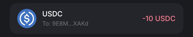 A screenshot of a USDC transaction showing -10 USDC sent to address 9E8M...XAKd, confirming the $10 payment referenced in the post to @Lekon_01.