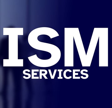 The graphic features the bold white "ISM SERVICES" logo against a dark blue background, serving as the visual identifier for the Institute for Supply Management's Services PMI report. It accompanies news that the U.S. ISM Services PMI declined to 54.9 in September from 55.4, indicating continued expansion but at a slowing pace.