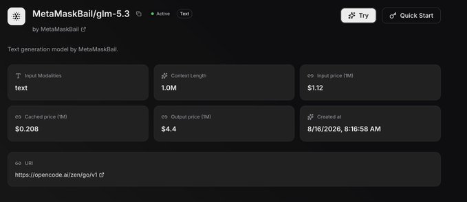 The image shows a model listing page for "MetaMaskBall/glm-5.3" by MetaMaskBall, displaying key details such as text input modality, 1.0M context length, $1.12 input price, $0.208 cached price, $4.4 output price, created on 8/16/2026, and a URI link. This relates to the post by highlighting GLM-5.3's recent launch and its 1M context window feature as part of a broader argument about Polkadot supporting usable AI products today.