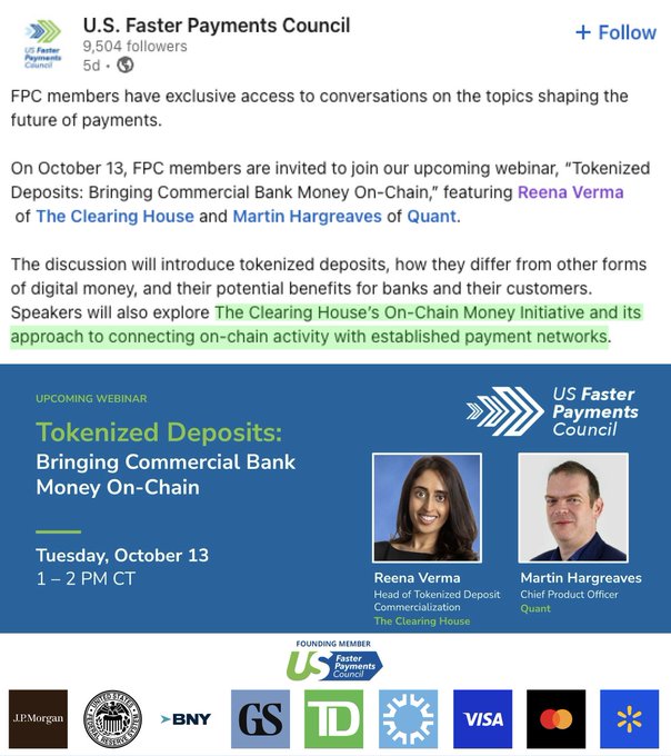A LinkedIn post from the U.S. Faster Payments Council (9,504 followers) promoting an October 13 webinar titled 'Tokenized Deposits: Bringing Commercial Bank Money On-Chain' featuring Reena Verma of The Clearing House and Martin Hargreaves of Quant.