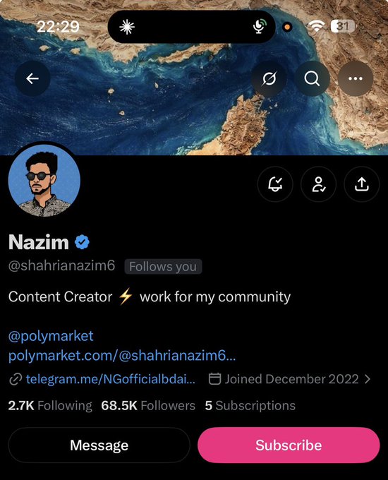 A social media profile screenshot for 'Nazim' (@shahrianazim6), a Content Creator with 68.5K followers who follows back.