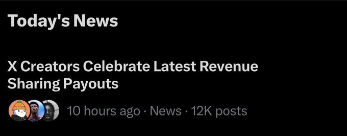 The image shows a news headline reading "Today's News: X Creators Celebrate Latest Revenue Sharing Payouts," posted 10 hours ago with 12K posts. This relates to the accompanying post about Vietnam-based creators on X, as the post highlights that few Vietnamese creators are grinding for pay, making the revenue-sharing pool especially rewarding compared to more saturated Western English-speaking markets.