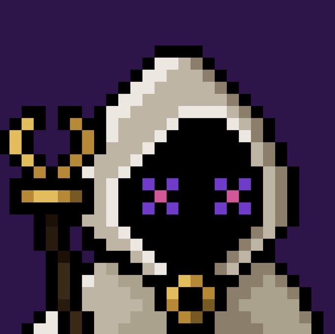 A pixel art illustration of a hooded figure with a black face and pink-and-purple eyes, holding a staff against a dark purple background.