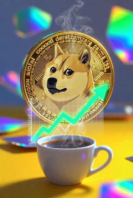 A Dogecoin-themed graphic featuring a Shiba Inu coin with a green upward trending arrow and steam rising from a coffee cup below.