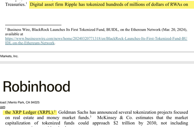 The image displays highlighted text from a document discussing tokenization, including references to "XRP Ledger (XRPL)," Goldman Sachs' tokenization projects, and McKinsey's projection that tokenized fund market cap could reach $2 trillion by 2030, with a "Robinhood" header prominently visible at the top, supporting the post's claim about Ripple's tokenization of real-world assets on the XRP Ledger.