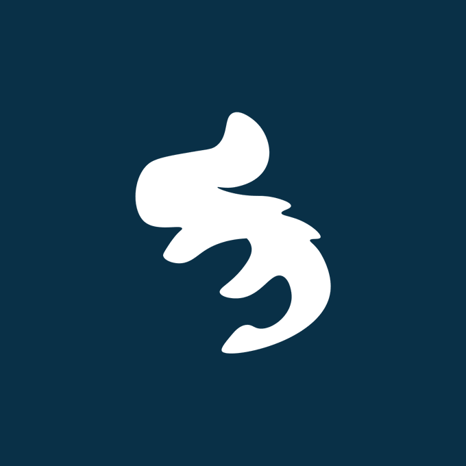 A stylized white logo featuring flowing, organic curves on a dark navy blue background.