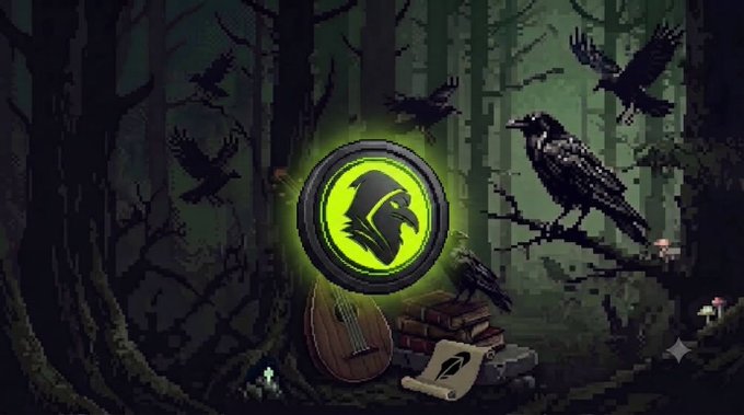 A dark pixel art forest scene featuring a green glowing circular logo with a black bird-like symbol, surrounded by ravens, a lute, books, and mushrooms.