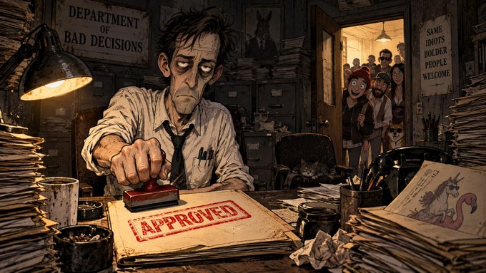A cartoon illustration shows an exhausted man at a desk stamping a paper 'APPROVED' in a 'Department of Bad Decisions,' with signs reading 'SAME IDIOTS BOLDER PEOPLE WELCOME.'