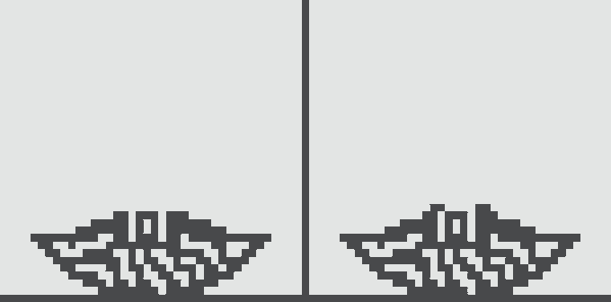 A side-by-side pixel art comparison showing two variations of a winged, stylized "W" logo design in black and white.