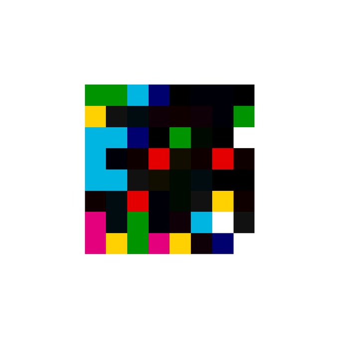 A grid of colorful squares in green, blue, red, yellow, pink, and black arranged on a white background.