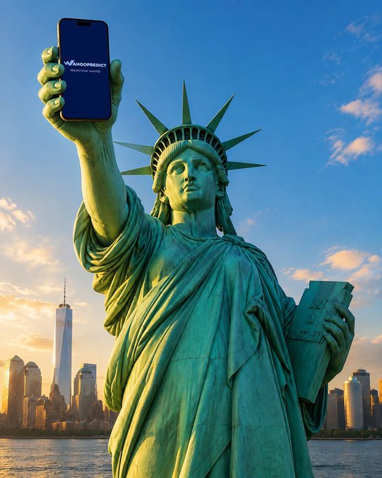 An image of the Statue of Liberty holding a smartphone displaying the 'HOOPREDICT' logo, with the New York City skyline in the background.