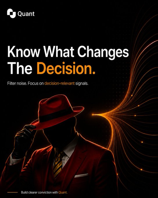 A promotional poster for 'Quant' features the text 'Know What Changes The Decision' alongside an anonymous figure in a red suit and fedora tipping his hat.