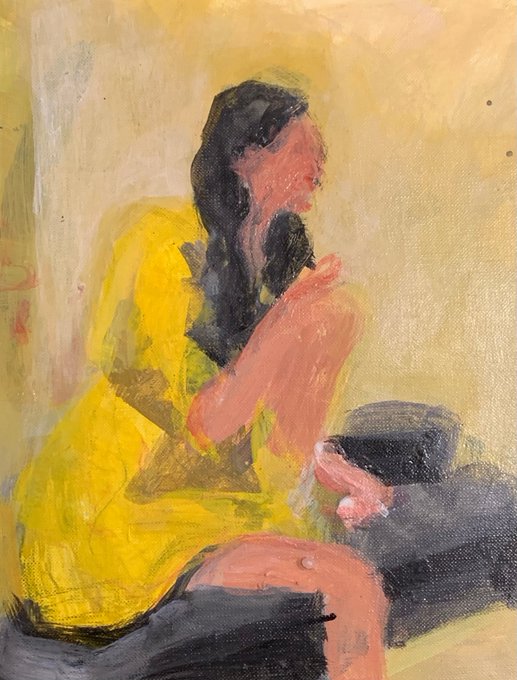 An expressive oil painting depicting a seated woman in a bright yellow dress with long dark hair, rendered with loose, painterly brushstrokes against a warm beige background.