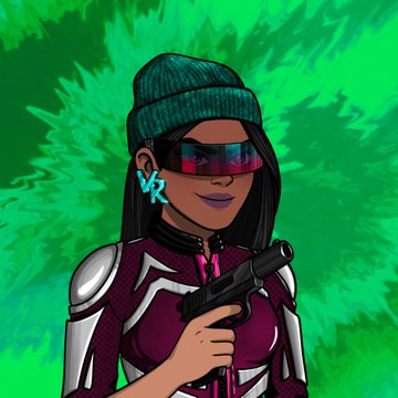 Digital illustration of a female character wearing a teal beanie and red-tinted sunglasses, holding a futuristic gun, with a stylized green splatter background and a small 'XR' logo.