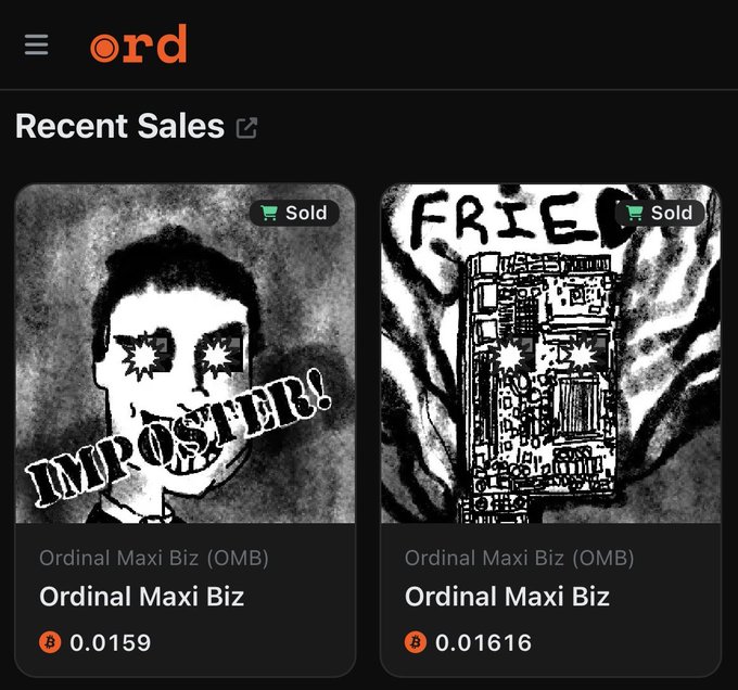 A mobile app interface called "ord" displays recent sales featuring two "Ordinal Maxi Biz (OMB)" NFTs sold at prices of 0.0159 and 0.01616 Bitcoin.