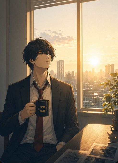 Anime-style illustration of a man in a suit holding a Batman mug, sitting by a window with a sunset view of a city skyline.