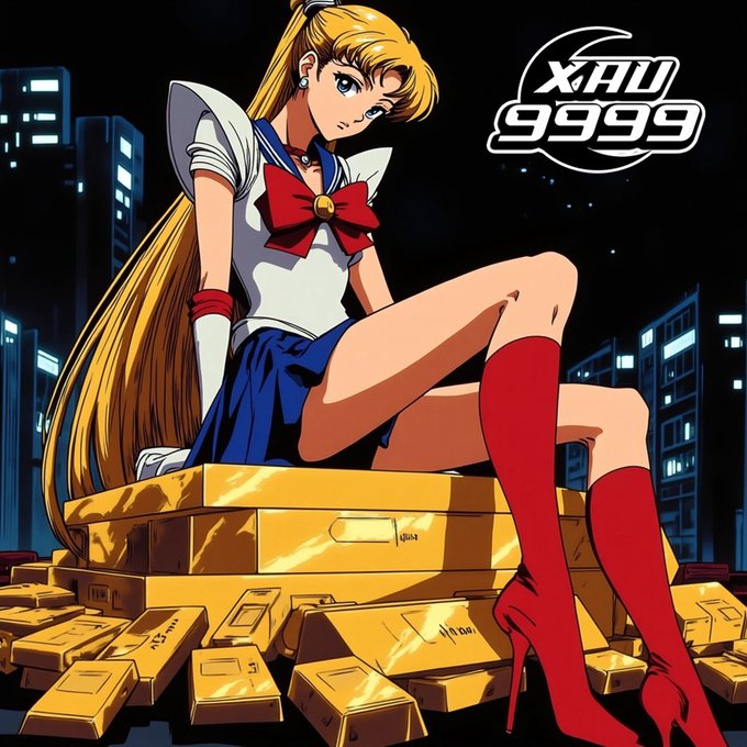 A blonde anime character styled as Sailor Moon sits atop a massive pile of gold bars at night, with the "XAU 9999" logo displayed in the upper right corner, visually personifying the $XAU9999 meme token as a golden, crypto-themed tribute to real gold.