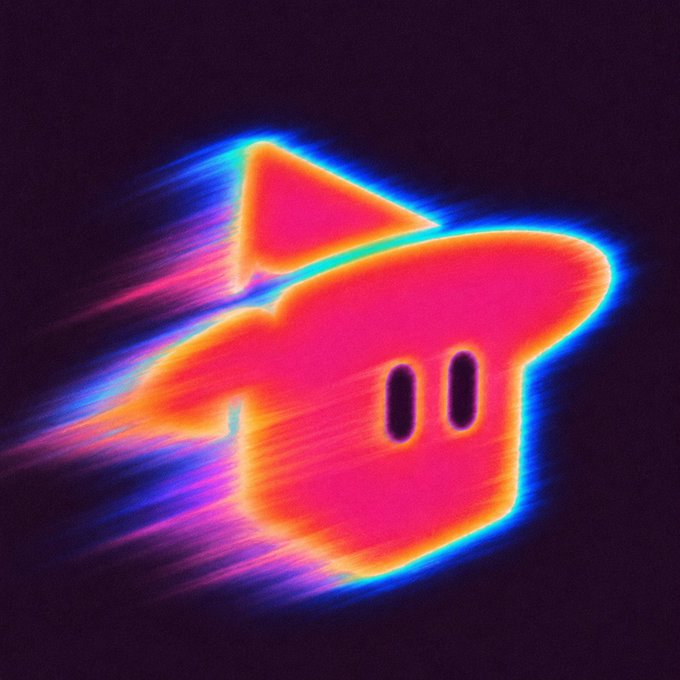 A neon-style digital illustration of a glowing red and pink rocket-shaped character with two oval eyes, surrounded by colorful chromatic light trails against a dark background.