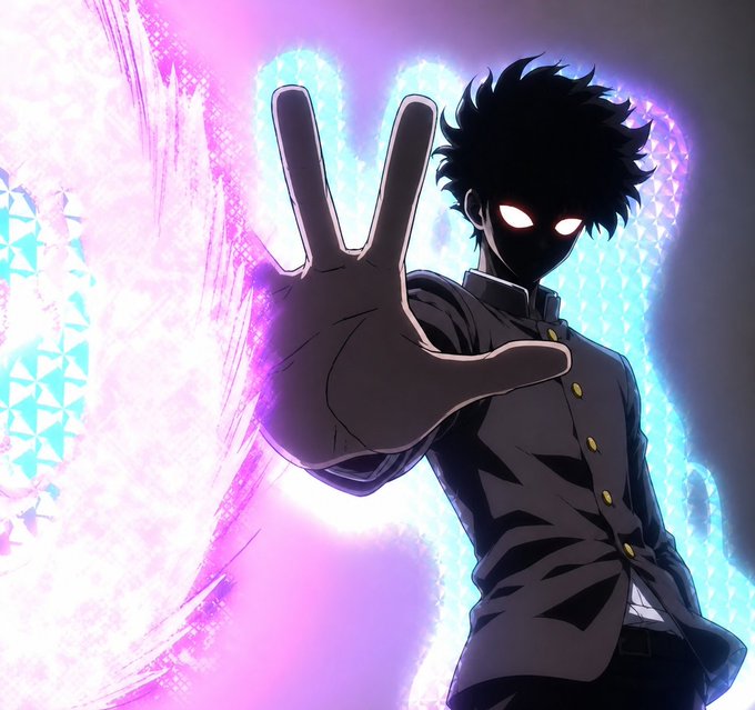Anime-style illustration of a dark silhouette character with glowing white eyes holding out a hand in a stop gesture, surrounded by pink and purple glowing energy patterns.