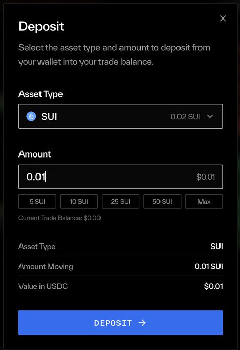 A cryptocurrency deposit interface modal screen showing asset type 'SUI' selected with 0.01 SUI ($0.01) entered as the deposit amount, displaying preset options (5, 10, 25, 50, Max SUI) and a blue 'DEPOSIT' button.