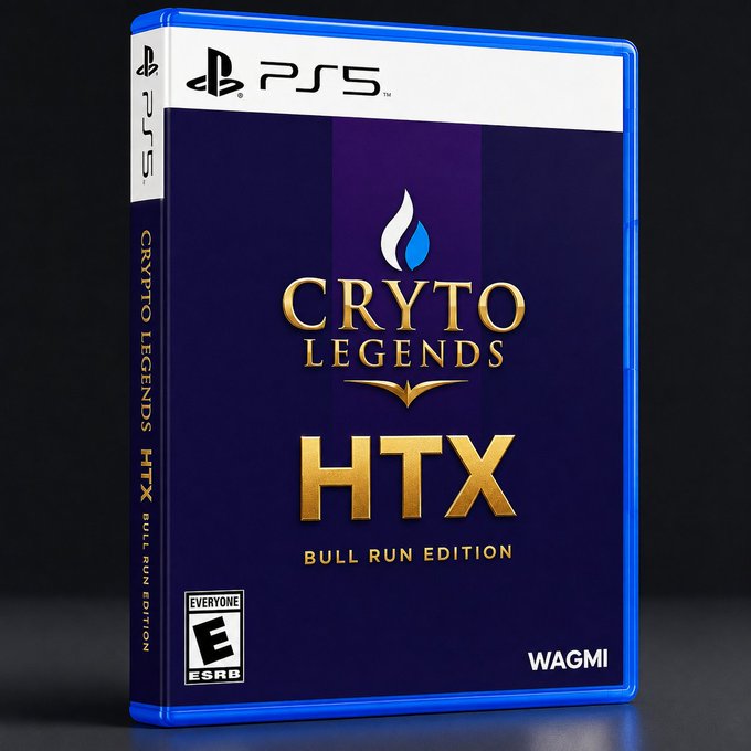 A PlayStation 5 game case styled as "CRYTO LEGENDS HTX: BULL RUN EDITION" with an ESRB "Everyone" rating and the "WAGMI" label, visually riffing on the "bulls loading… game on" post by framing an imminent crypto bull run like a video game about to start.