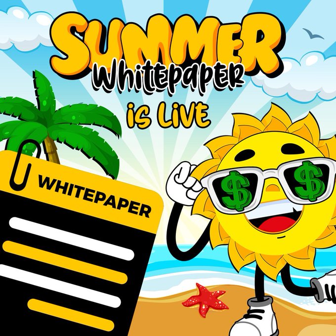 A cartoon sun wearing dollar-sign sunglasses poses alongside a "WHITEPAPER" clipboard on a sunny beach, with bold text announcing "SUMMER WHITEPAPER IS LIVE" — visually promoting the launch of Summer Token's whitepaper as mentioned in the accompanying post about the Solana presale starting July 5 at $0.70.