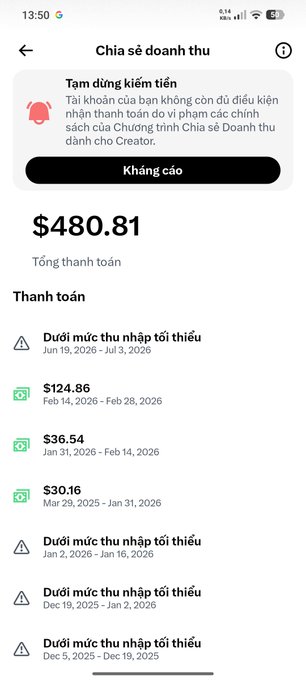 A mobile screenshot of a revenue sharing page in Vietnamese showing a total payment of $480.81, with various payment entries and warnings that the account no longer meets the minimum earnings threshold.