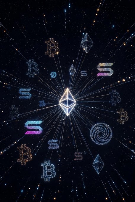 A cosmic-themed graphic featuring the Ethereum logo at the center surrounded by Bitcoin and Solana logos radiating outward against a starry space background.