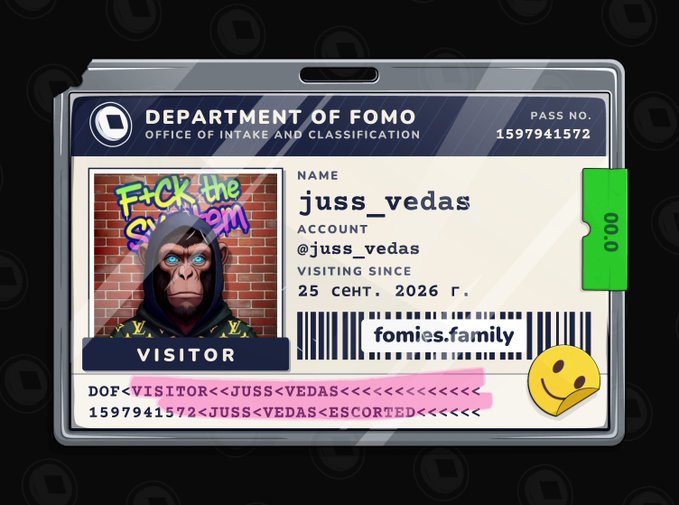 A digital visitor badge from the 'Department of FOMO' identifies 'juss_vedas' as a visitor, featuring a hooded monkey avatar with blue eyes and graffiti reading 'F*ck the system'.