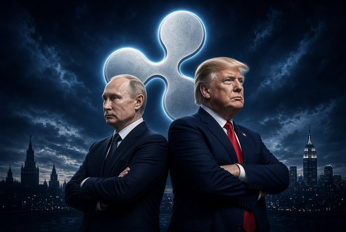 A digitally composited image of Vladimir Putin and Donald Trump standing with crossed arms in front of a Ripple (XRP) logo and city skylines at night.