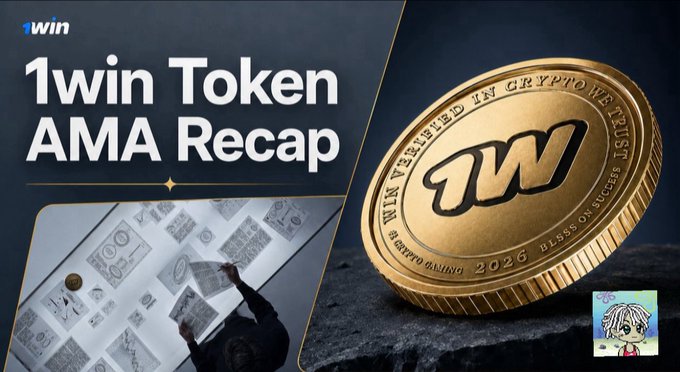 A promotional graphic for "1win Token AMA Recap" shows a large gold 1W coin engraved with "WIN VERIFIED IN CRYPTO METaverse" alongside logos for 1win and another character.