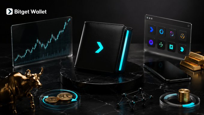 The image displays a Bitget Wallet as the centerpiece, surrounded by floating holographic displays showing a stock chart, a DApp interface, and cryptocurrency coins with a network node visualization. The "Bitget Wallet" logo appears in the top left corner, visually reinforcing the post's message that this single platform consolidates diverse Web3 functionalities—from token swaps and futures trading to stocks, metals, and multi-chain DApps—into one unified ecosystem.
