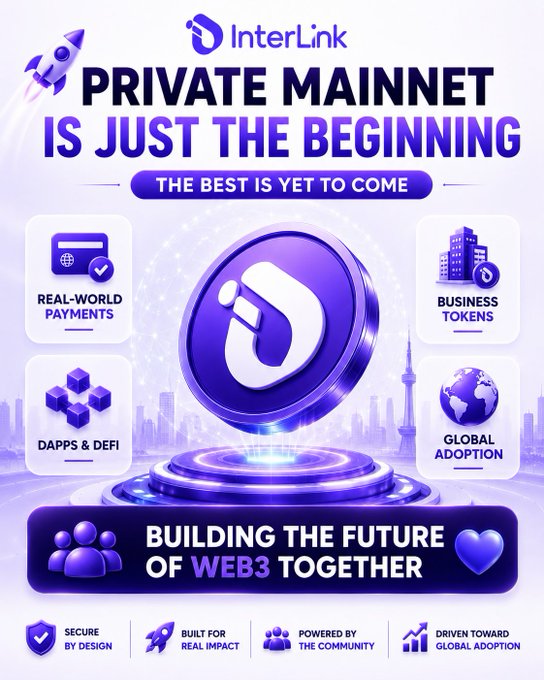 A promotional graphic for InterLink announces "Private Mainnet Is Just the Beginning" with the tagline "The Best Is Yet to Come," highlighting future features like Real-World Payments, Business Tokens, DApps & DeFi, and Global Adoption. The design features a central purple InterLink coin and reinforces the message "Building the Future of Web3 Together," visually complementing the post's announcement that the mainnet launch is just the foundation for upcoming developments.
