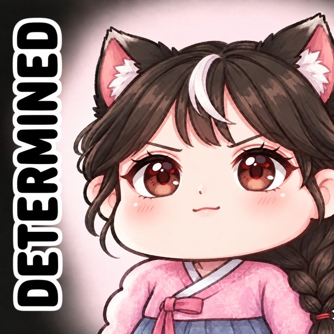 An anime-style illustration of a girl with cat ears and large brown eyes looking sad, with the word 'DETERMINED' written vertically along the left side.