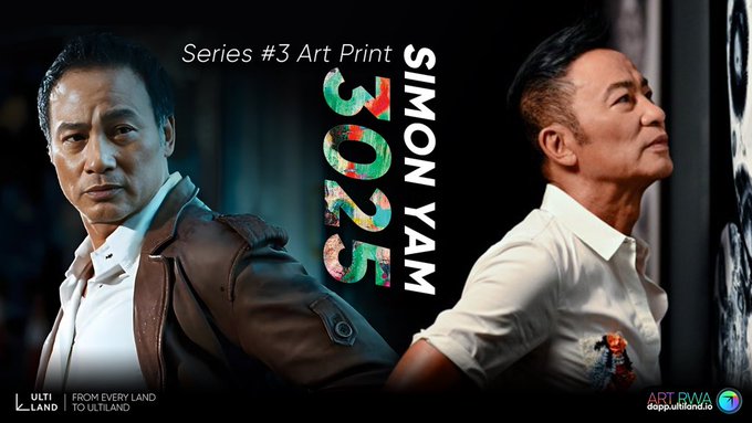 Promotional banner for "Series #3 Art Print 2025" featuring Simon Yam in two poses, advertising the SY3025 token launch on Ultiland at 0.0088 USDT. The image visually anchors the launch announcement by showcasing the signed limited-edition art print tied to the token's issuance.