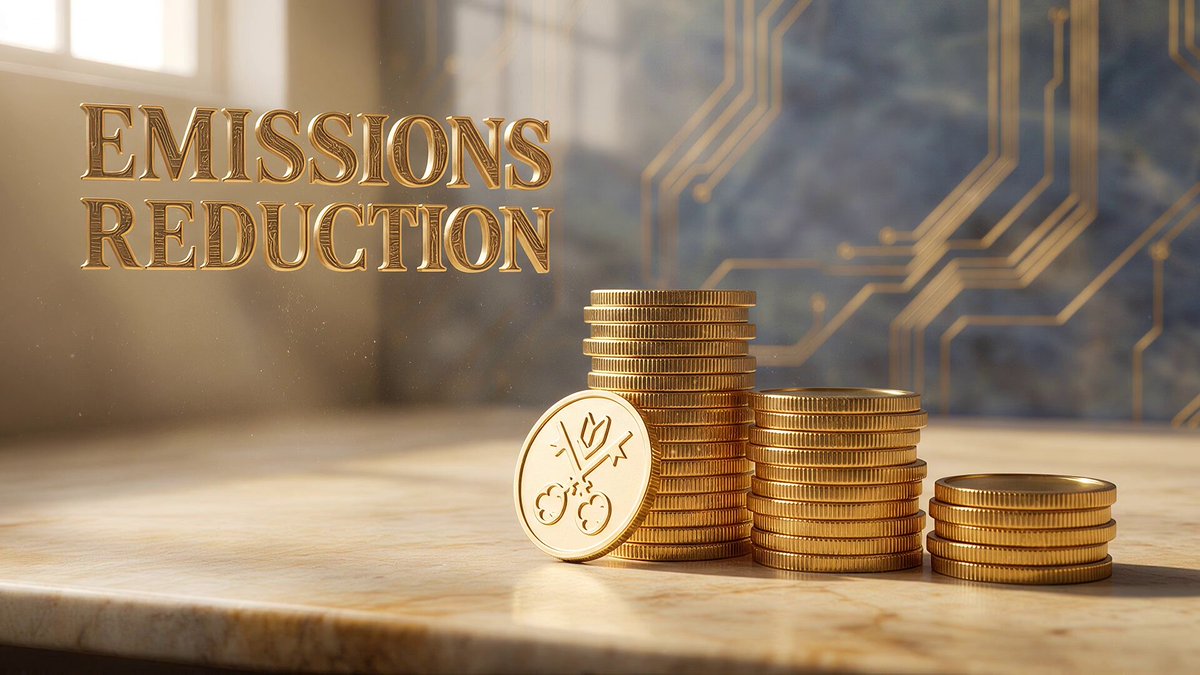 The image features a stack of gold coins sitting on top of a marble table. The text "Emissions Reduction" is written above the coins, indicating that they are part of an effort to reduce emissions. The coins are arranged in three rows with one row at the bottom and two rows at the top. The text also mentions that this reduction was achieved in May, which suggests it might be a milestone or a target for further reductions.