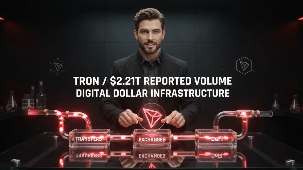 A presenter stands in a dark, lab-like setting displaying a glowing neon flowchart of "TRON / $2.21T REPORTED VOLUME" connecting "TRANSFERS," "EXCHANGES," and "DeFi" components. The image visually represents the post's focus on TRON's massive reported quarterly transaction volume flowing through its digital dollar infrastructure.