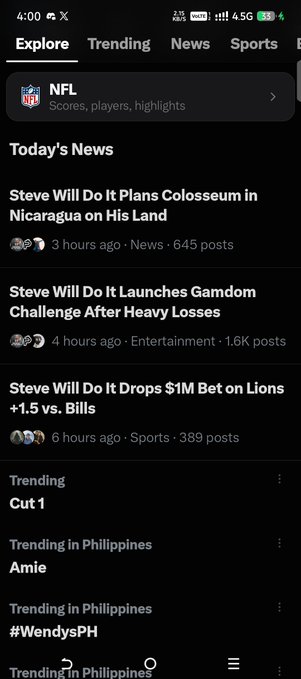 A mobile screenshot of an X (Twitter) Explore page showing news about 'Steve Will Do It', including plans to build a Colosseum in Nicaragua, launching a Gamdom Challenge after heavy losses, and a $1M bet on Lions +1.5 vs. Bills, with NFL scores highlighted at the top.
