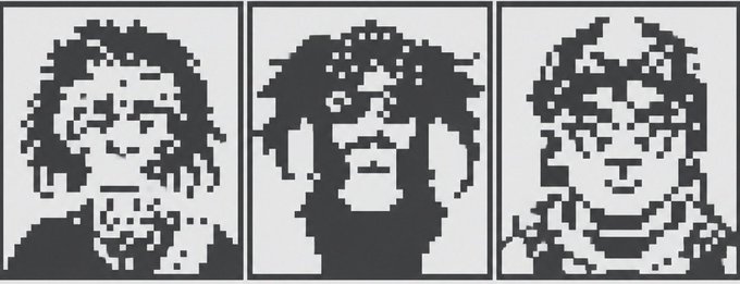 A pixel art triptych showing three stylized black and white portraits of different characters in framed panels.