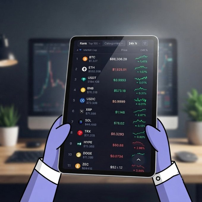 An animated character holds a tablet displaying a crypto market leaderboard with BTC at $86,306.28 (+1.41%), ETH at $1,925.01 (+1.07%), and other coins like USDT, BNB, XRP, and SOL showing their 24-hour price changes. The image ties into the "GM Web3" post by visually inviting viewers to check live crypto prices and decide what to buy today.