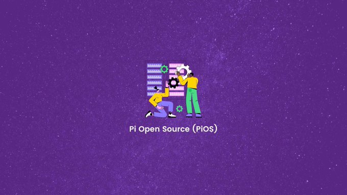 An illustration of two developers collaborating on computers with gears, captioned "Pi Open Source (PiOS)," visually representing Pi Network's 2023 launch of its open-source initiative to empower community developers to share code and build together.