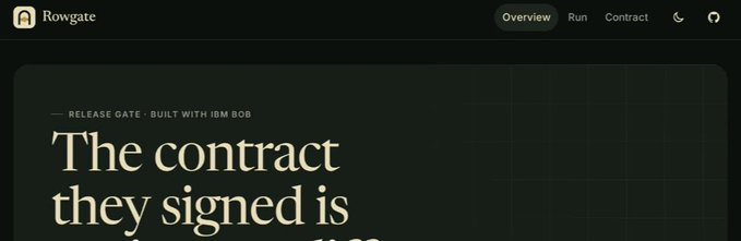 A dark-themed website header for 'Rowgate' showing navigation tabs (Overview, Run, Contract) and partial text reading '— RELEASE GATE · BUILT WITH IBM BOB' and 'The contract they signed is'.