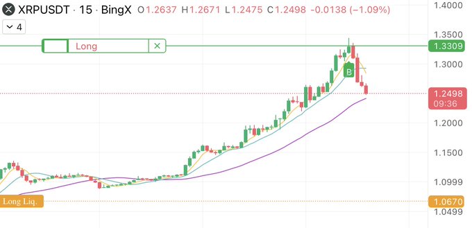 BingX cryptocurrency chart for XRPUSDT on a 15-minute timeframe, showing a 'Long' position currently at 1.2498 with a loss of -1.09%, against a price scale ranging from 1.0499 to 1.4000.
