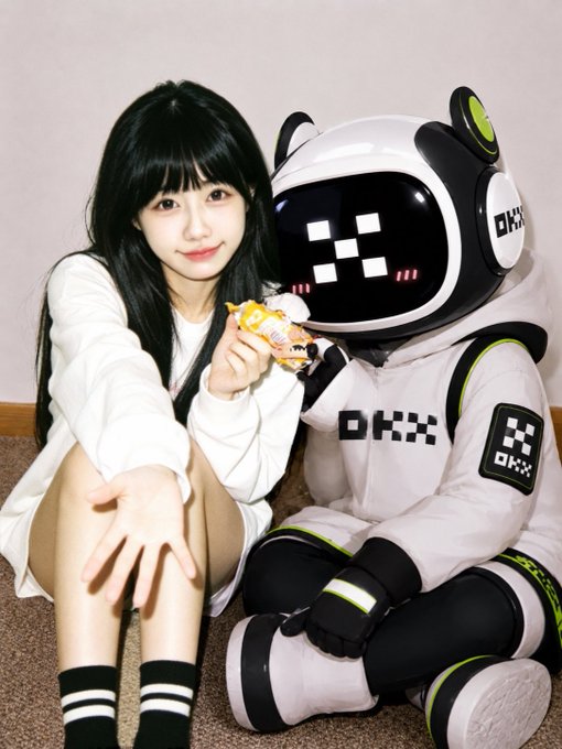 A young woman with long black hair poses next to a person in a white robot mascot costume with pixelated face displays and 'OKX' branding.