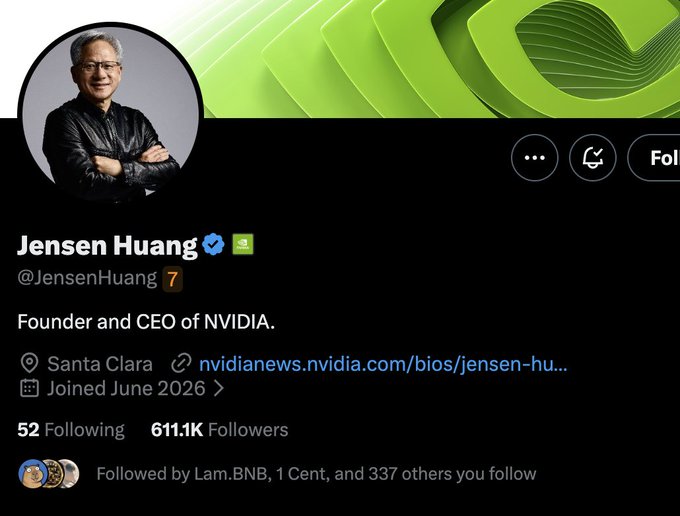 An X (formerly Twitter) profile page for Jensen Huang, verified and followed by 611.1K users, identifying himself as 'Founder and CEO of NVIDIA,' located in Santa Clara, having joined the platform in June 2026.