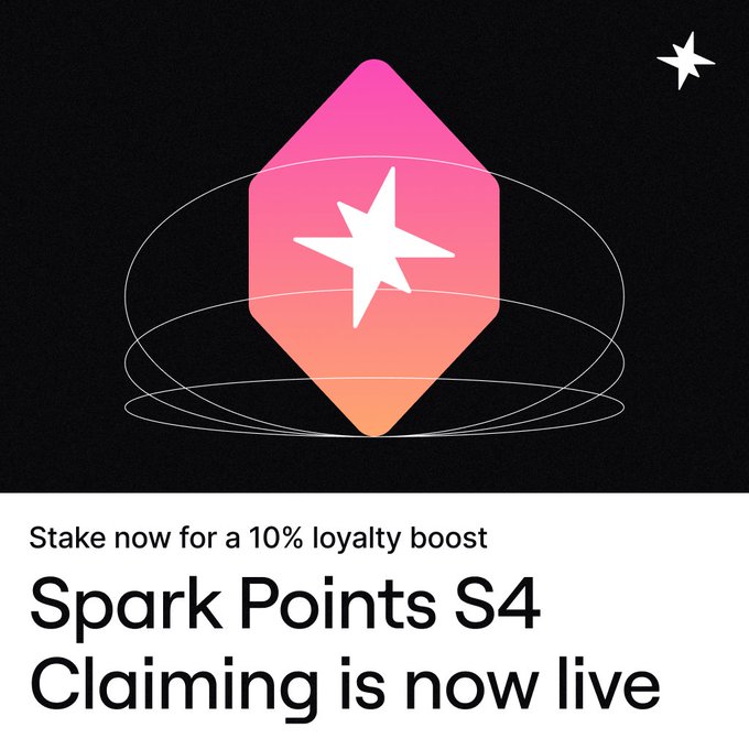 A promotional graphic announces "Spark Points S4 Claiming is now live" with a "10% loyalty boost" offer for staking, featuring a pink-to-orange gradient hexagonal token icon with a white star on a dark background, visually tying into the post's message that the S4 claim period has begun.